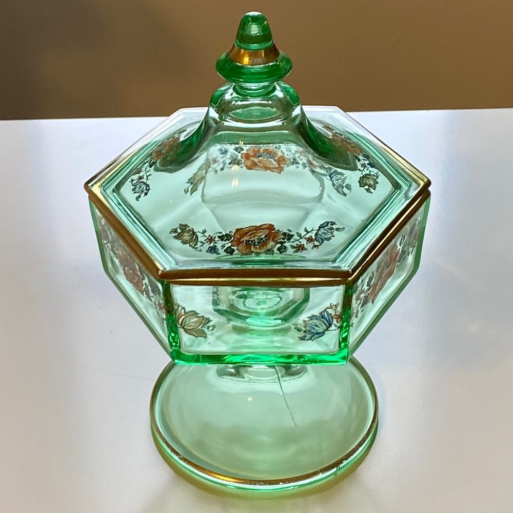 Vintage Bohemian Glass Floral Candy Dish with Lid